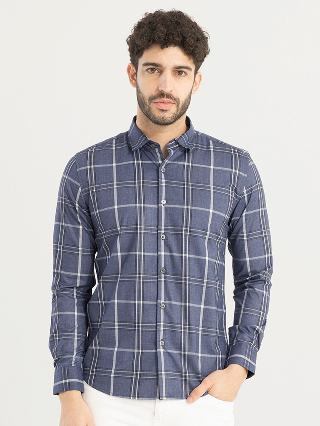 

Snitch Blue Classic Slim Fit Windowpane Checked Cotton Casual Shirt