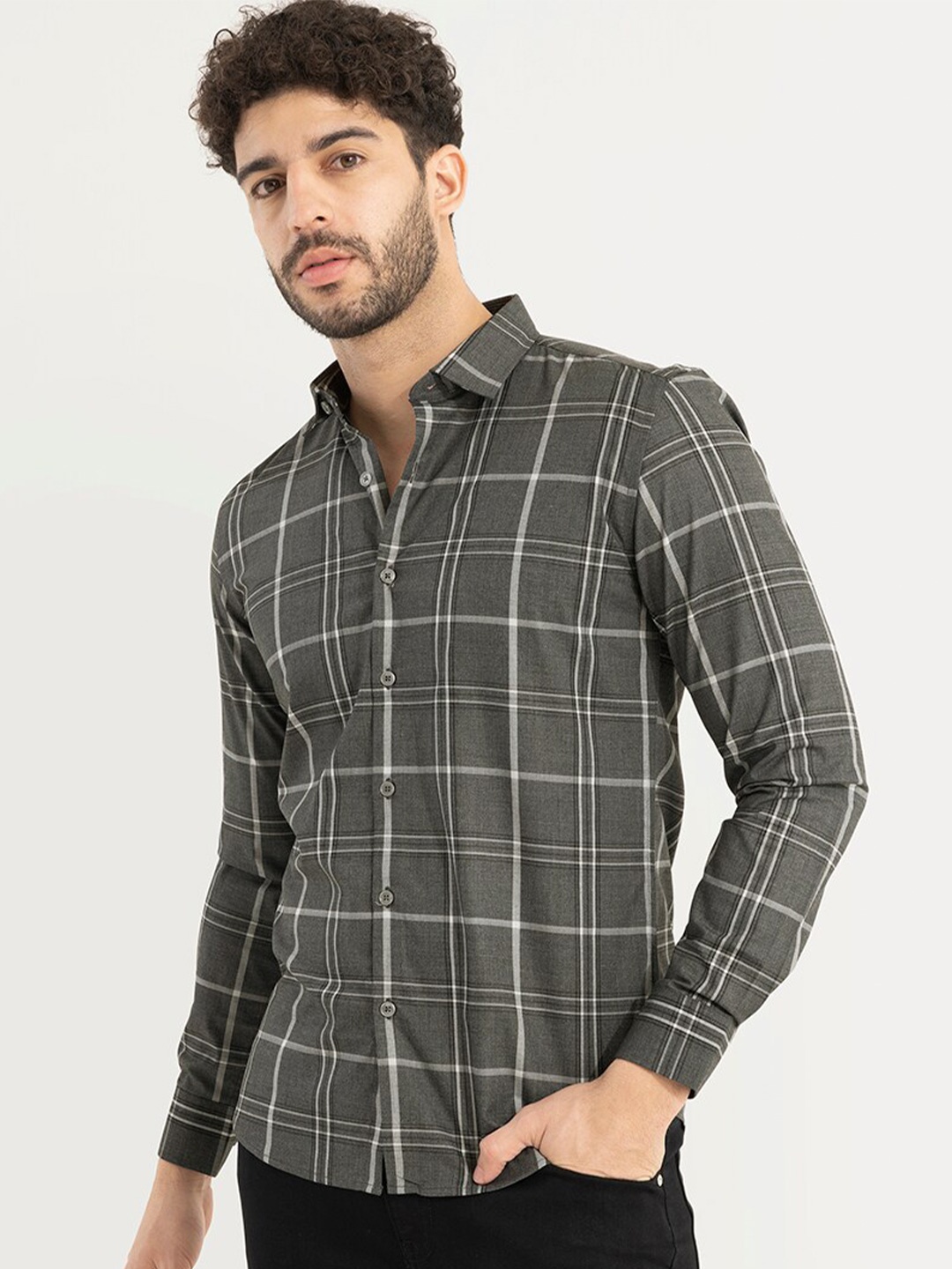 

Snitch Charcoal Classic Slim Fit Tartan Checked Casual Cotton Shirt