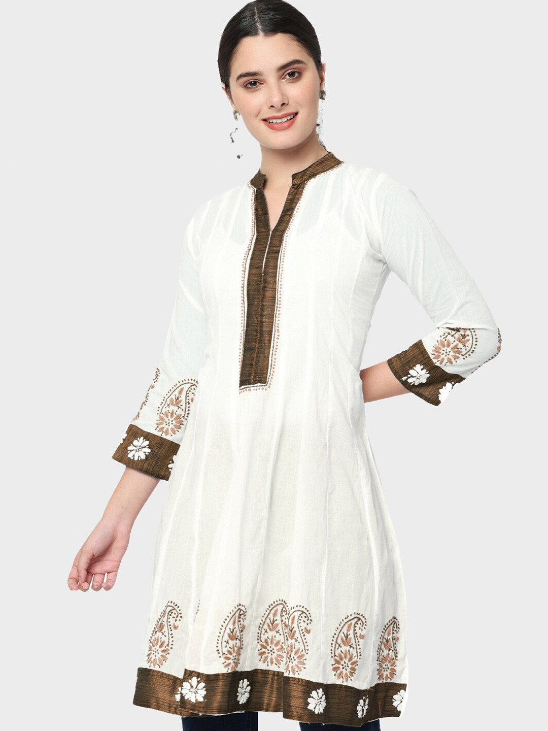

PARAMOUNT CHIKAN Floral Printed Pure Cotton Anarkali Kurti, Brown