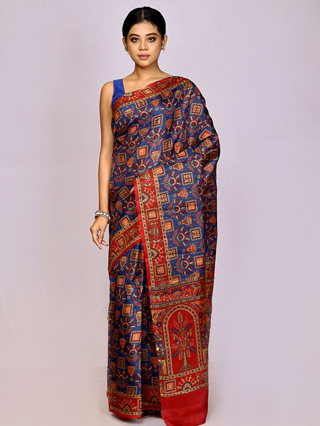 

AllSilks Ethnic Motif Pure Silk Block Print Saree With Blouse Piece, Blue