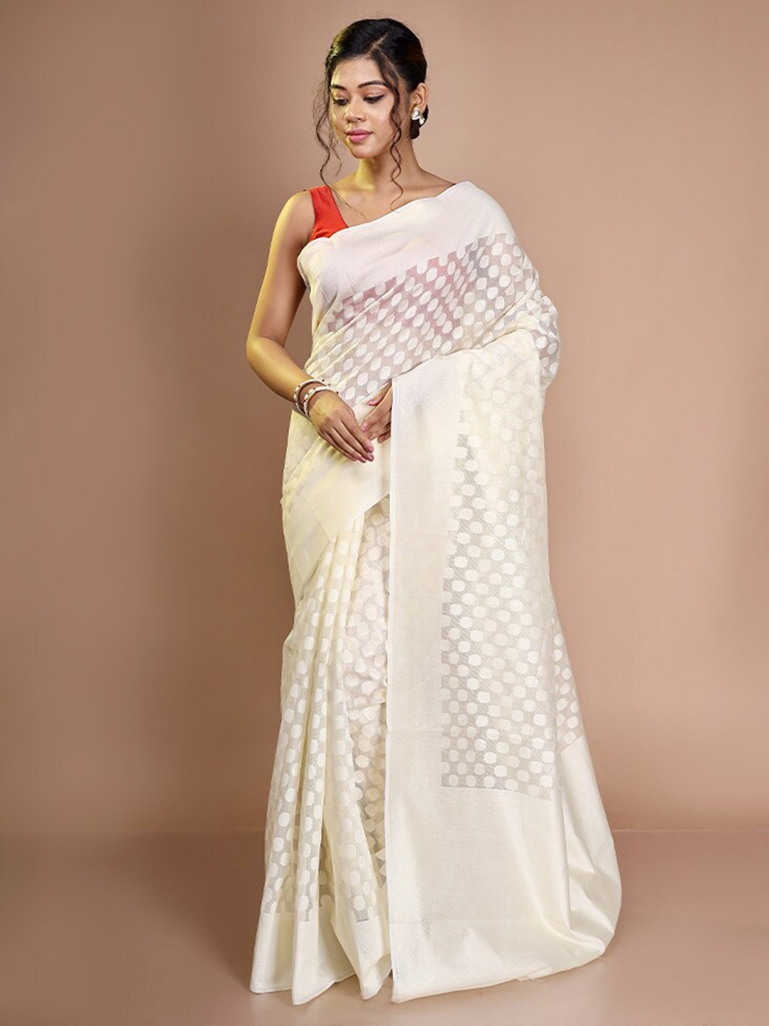 

AllSilks Polka Dots Woven Design Saree, White
