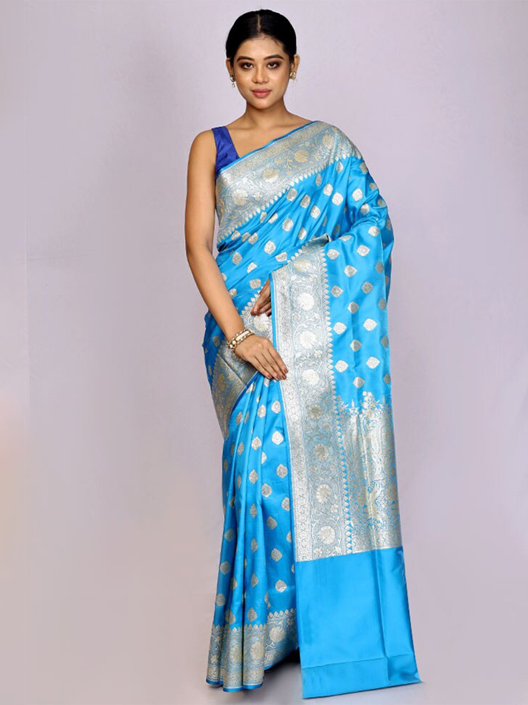 

AllSilks Ethnic Motifs Woven Design Zari Banarasi Silk Cotton Saree, Blue