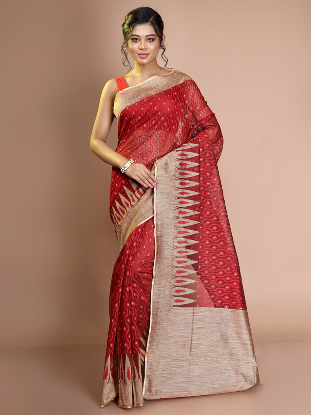 

AllSilks Geometric Woven Design Zari Net Saree, Maroon