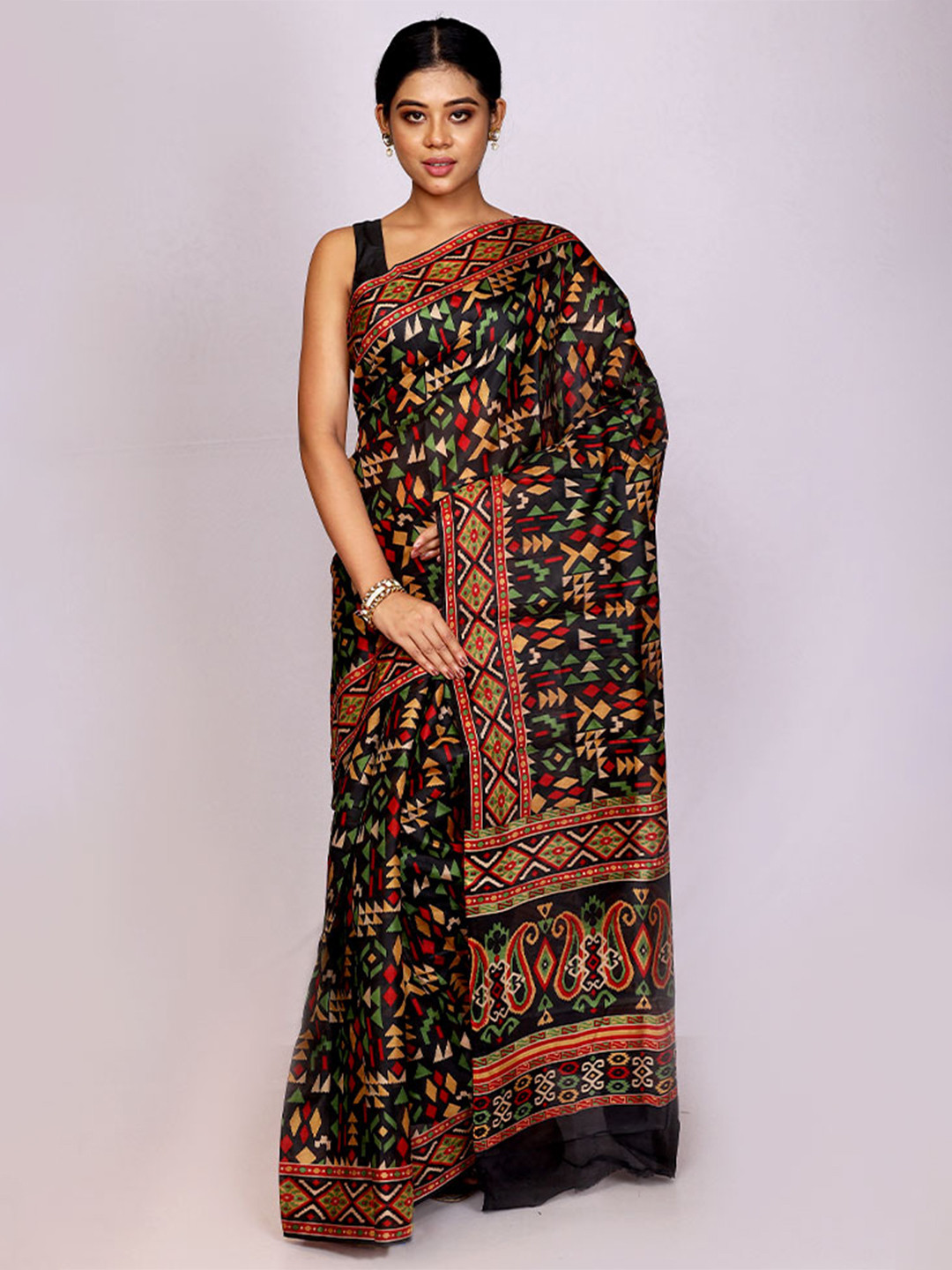 

AllSilks Abstract Pure Silk Block Print Saree, Black