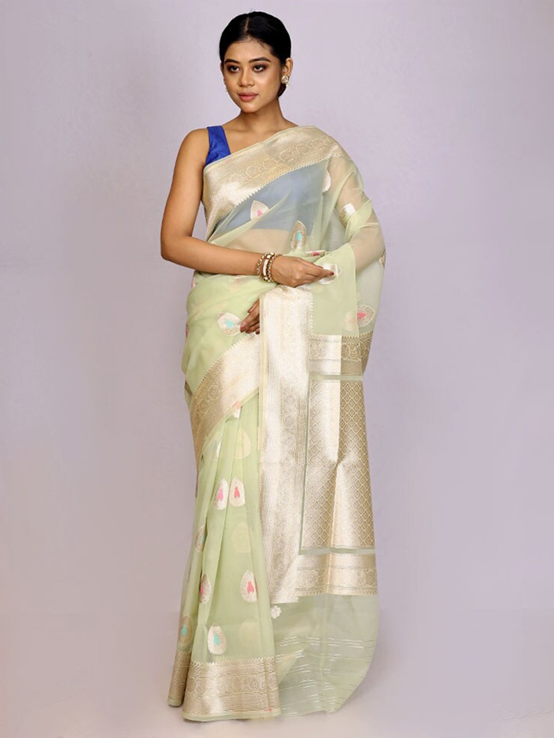 

AllSilks Ethnic Motif Woven Design Zari Silk Cotton Saree, Sea green