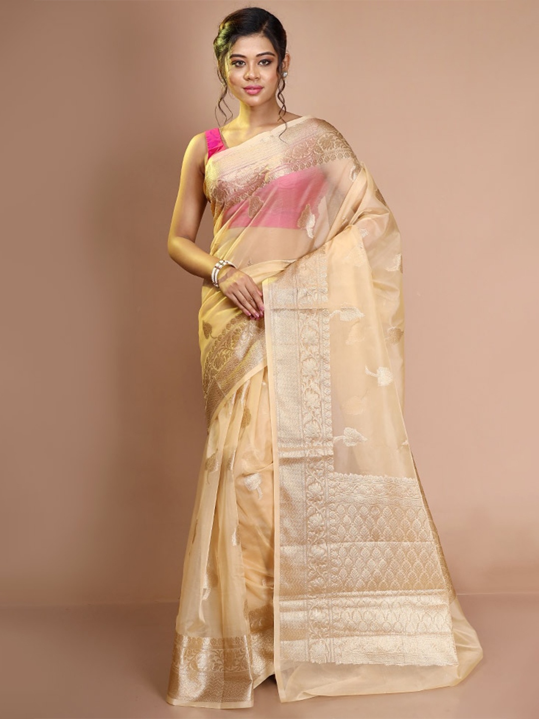 

AllSilks Woven Design Zari Organza Saree, Cream