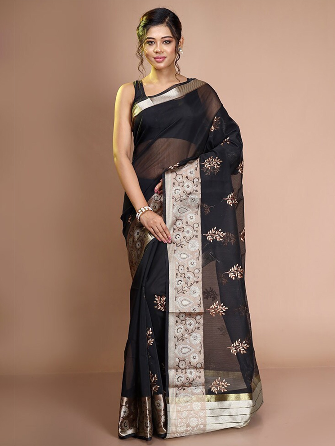 

AllSilks Floral Printed Zari Pure Cotton Kota Saree, Black