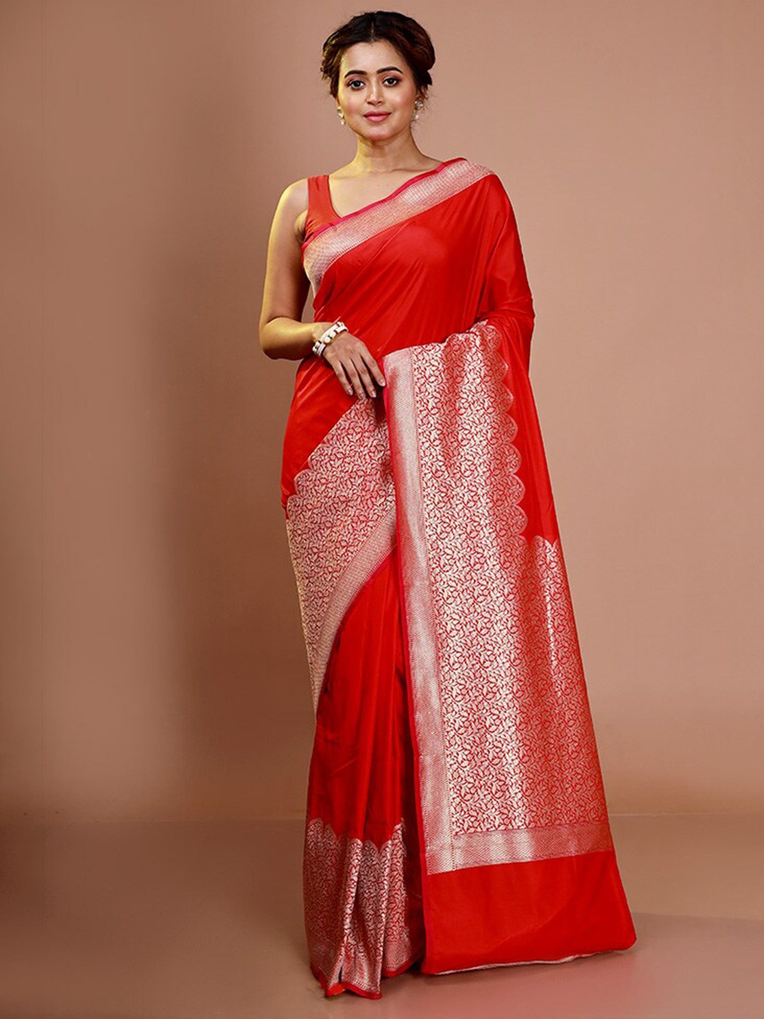 

AllSilks Ethnic Motifs Zari Silk Blend Saree, Red