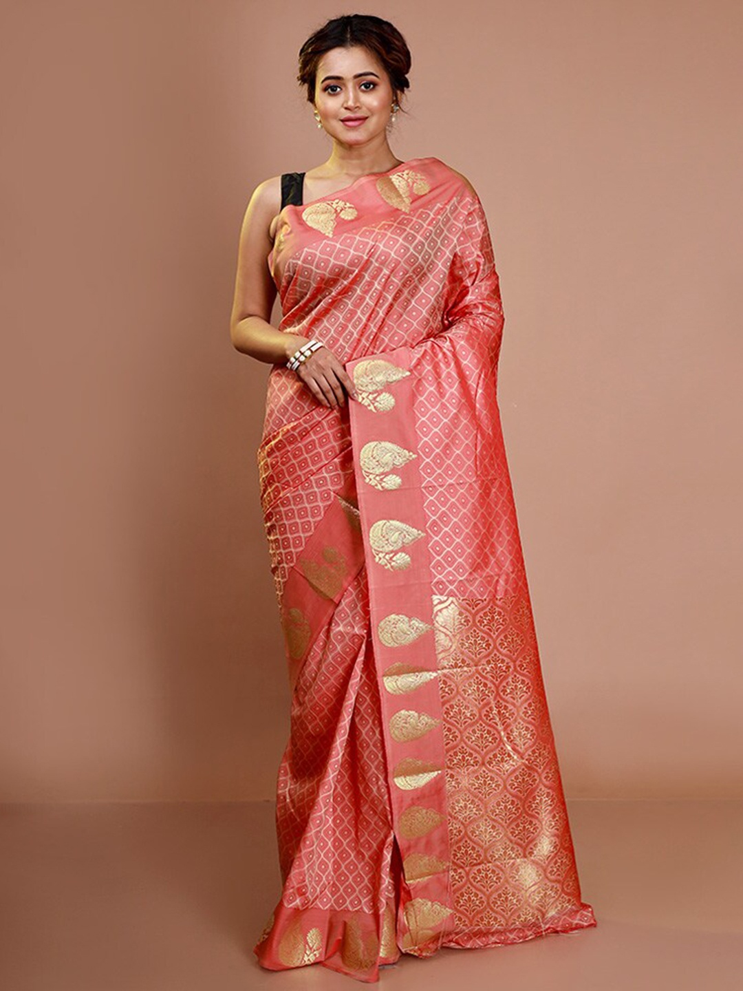 

AllSilks Ethnic Motif Zari Silk Blend Kanjeevaram Saree With Blouse Piece, Pink