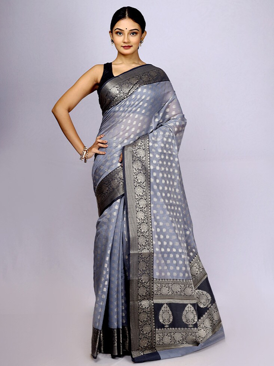 

AllSilksWoven Design Zari Silk Cotton Saree, Grey