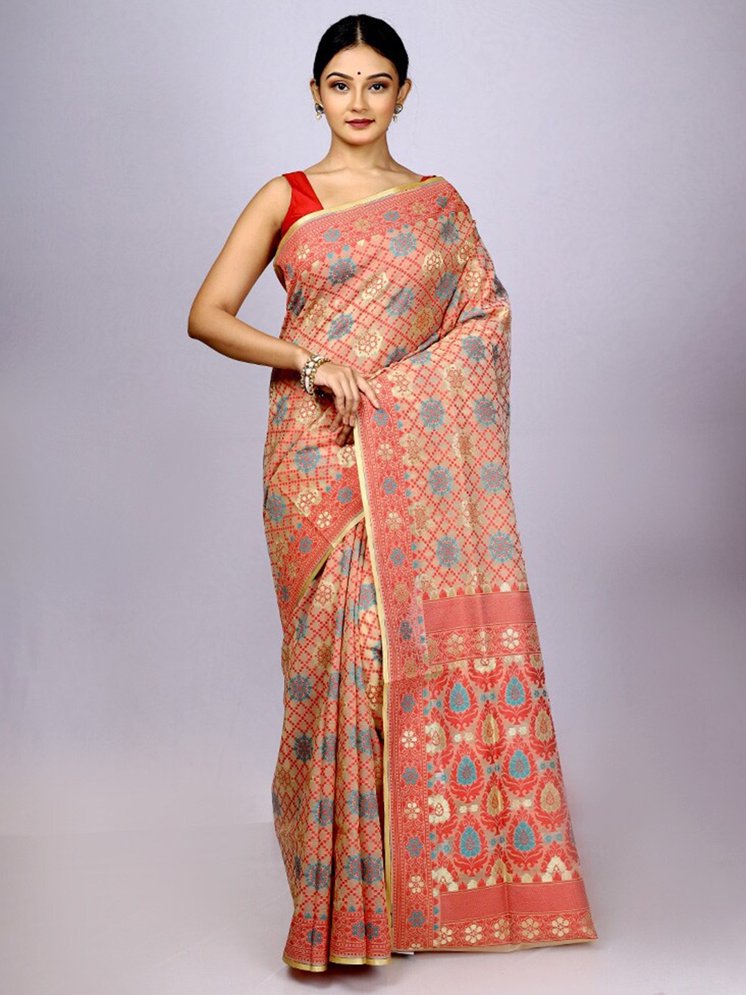

AllSilks Woven Design Zari Silk Cotton Saree, Cream