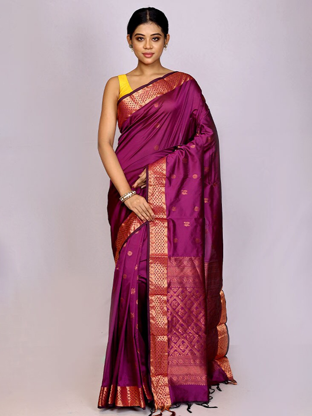 

AllSilks Ethnic Motifs Woven Design Zari Silk Blend Kanjeevaram Saree, Red