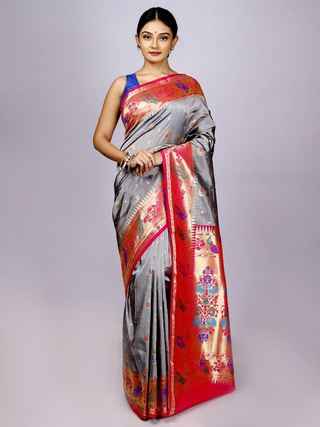 

AllSilks Woven Design Zari Silk Blend Kanjeevaram Saree, Grey