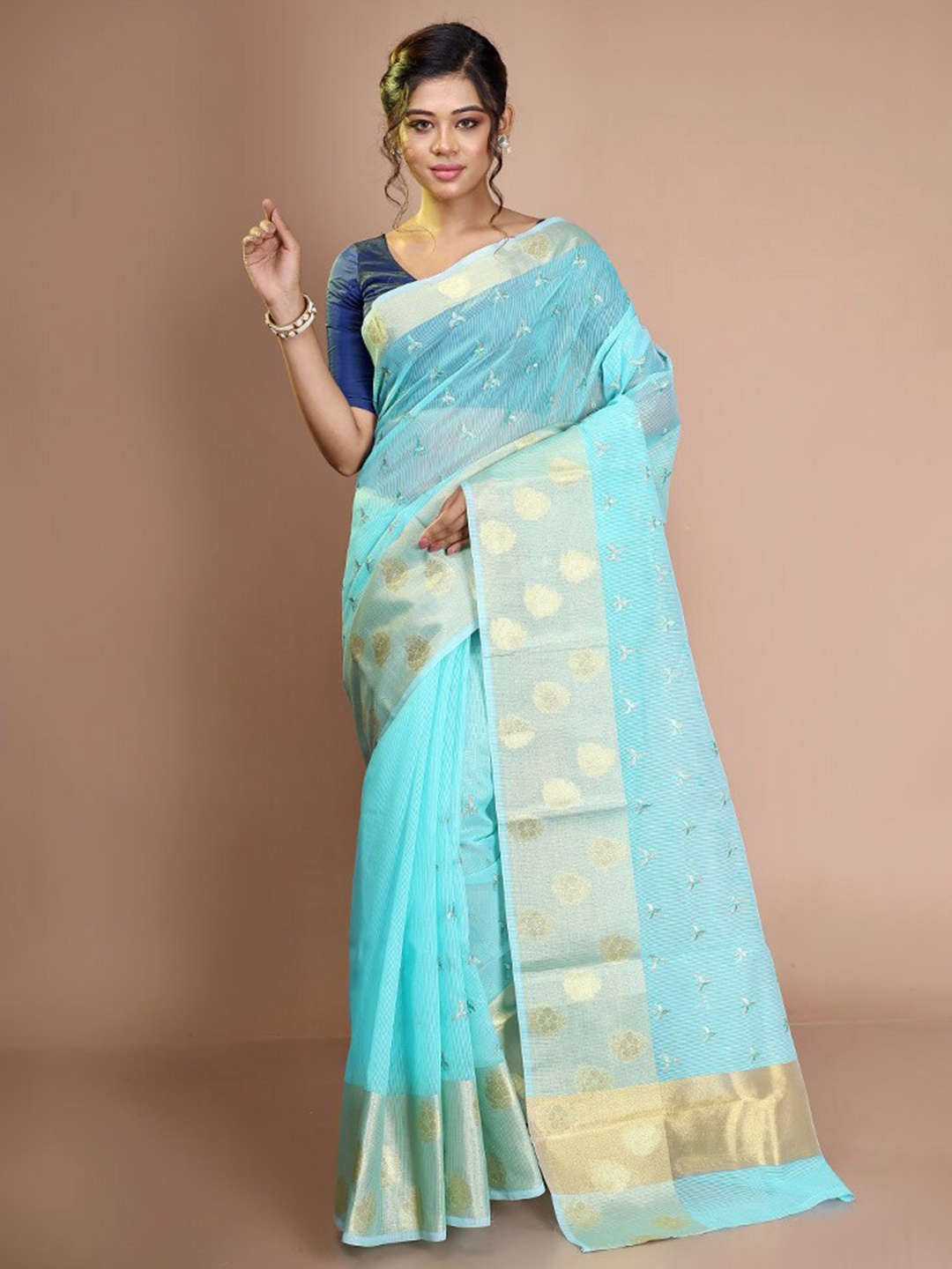 

AllSilks Floral Woven Design Zari Pure Cotton Kota Saree, Blue