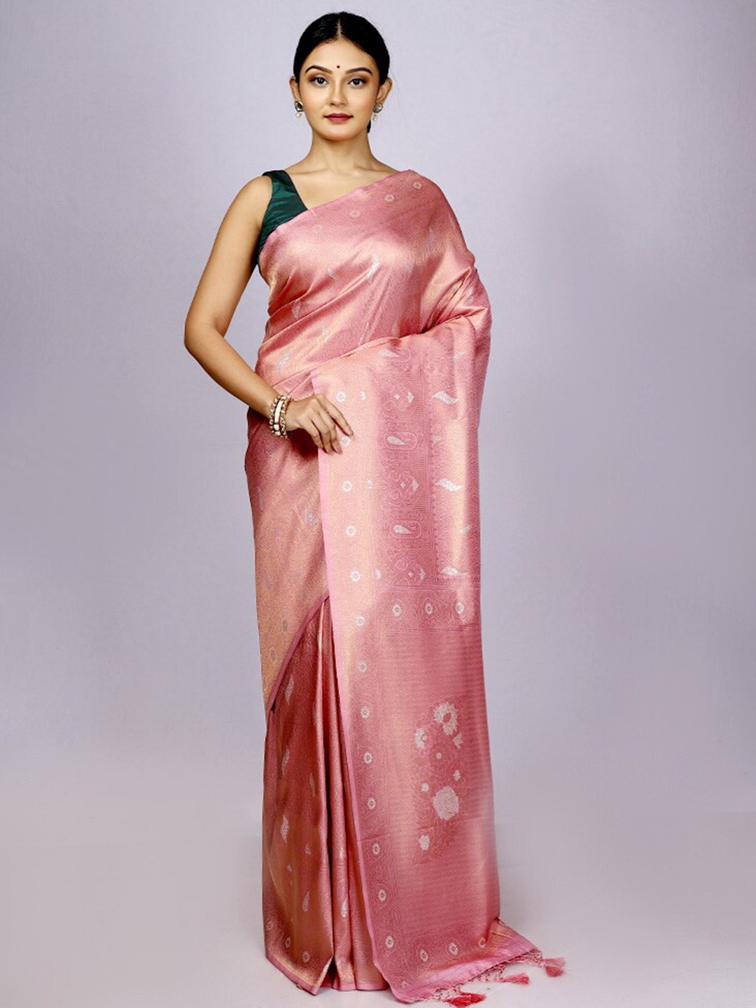 

AllSilks Woven Design Zari Silk Blend Saree, Pink