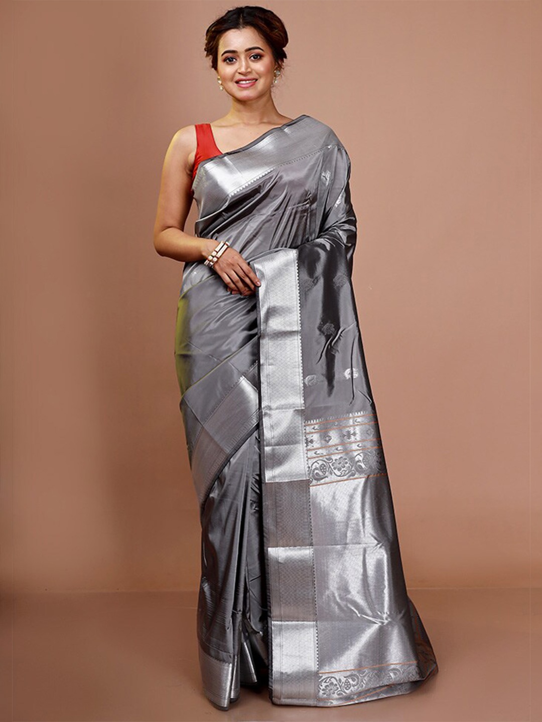 

AllSilks Ethnic Woven Design Zari Kanjeevaram Saree, Grey