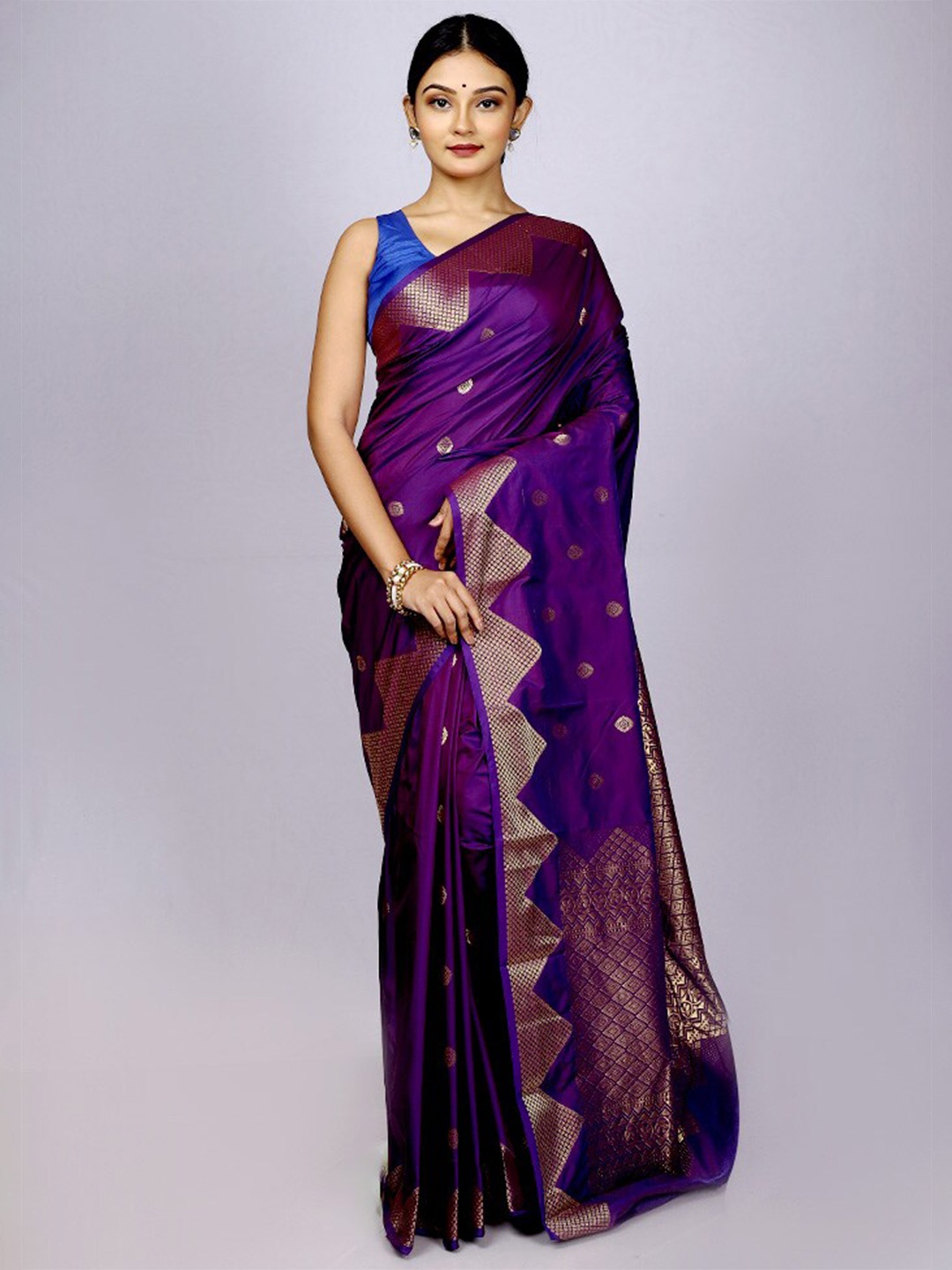 

AllSilks Geometric Woven Design Zari Silk Blend Kanjeevaram Saree, Purple