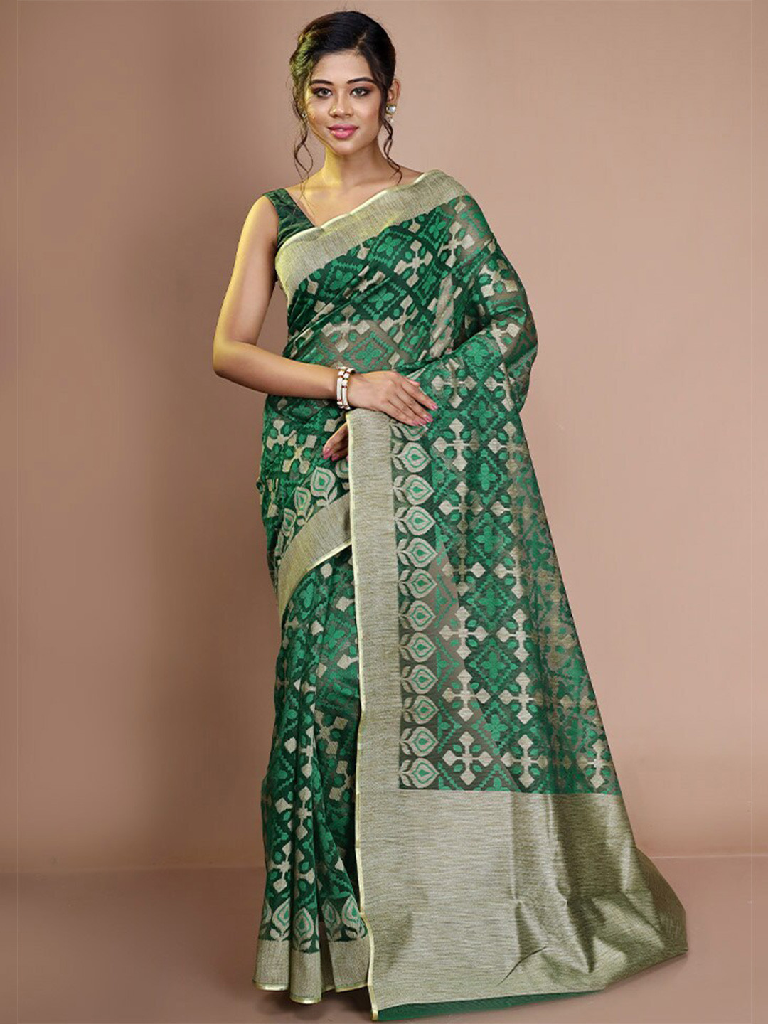 

AllSilks Ethnic Motif Zari Net Saree With Blouse Piece, Green