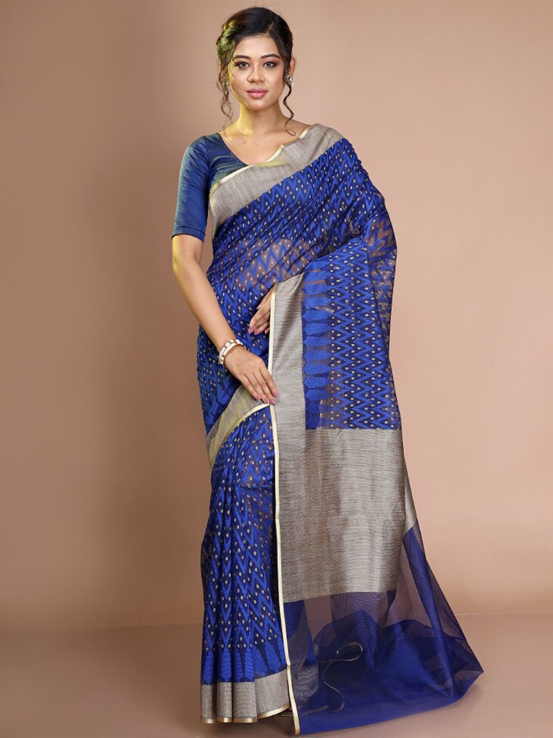 

AllSilks Woven Design Zari Net Saree, Blue