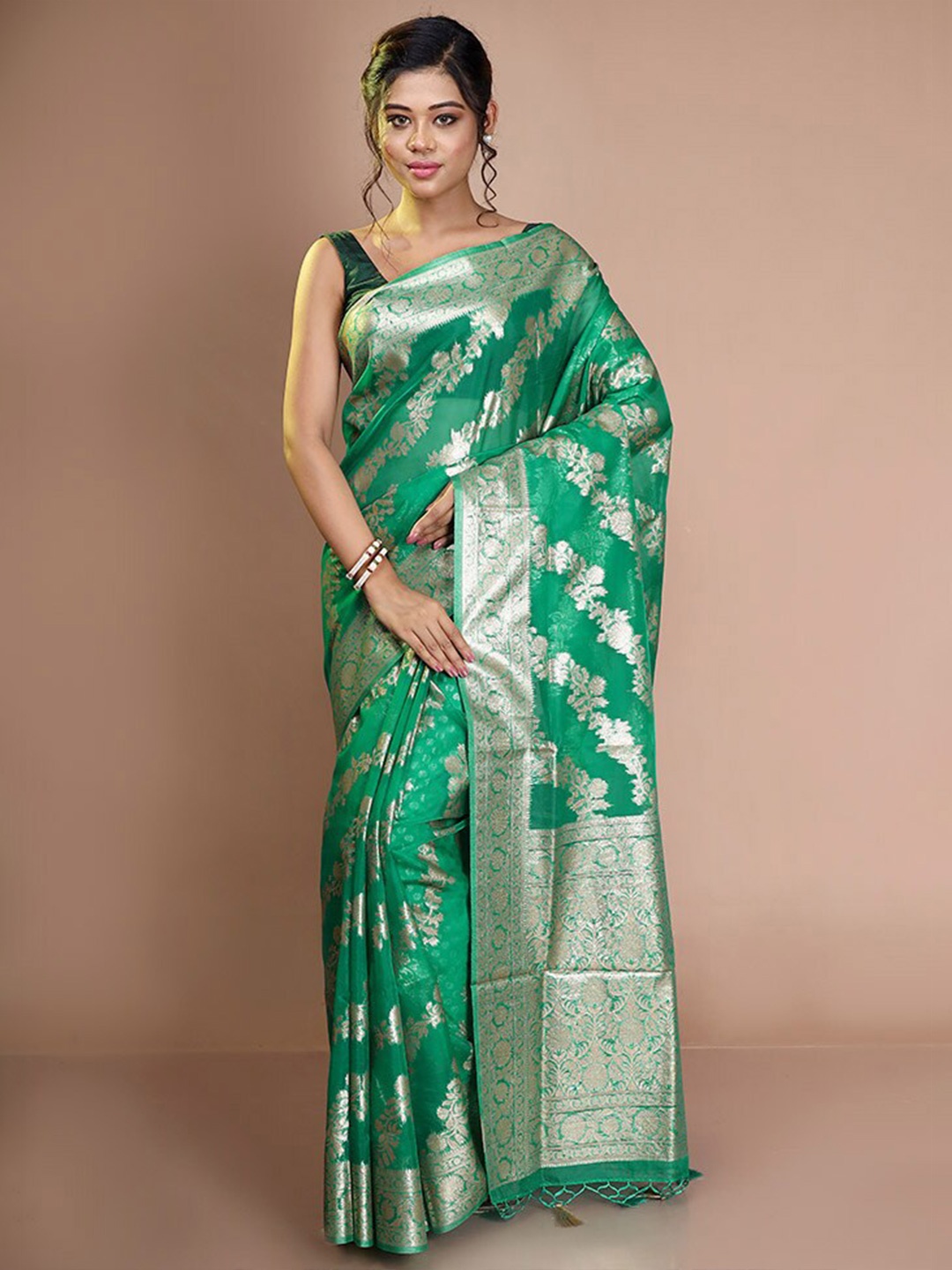 

AllSilks Woven Design Zari Organza Saree, Green