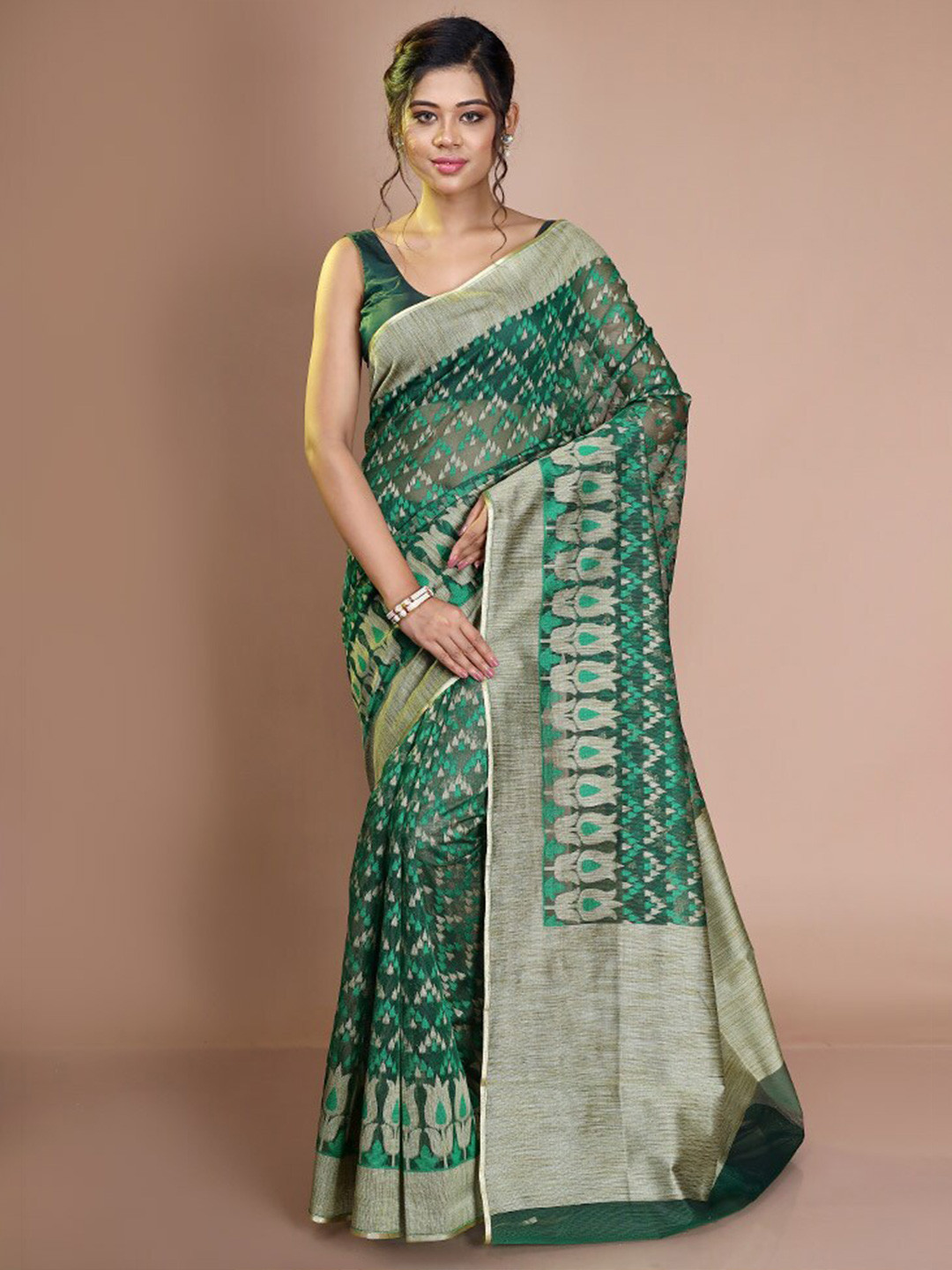 

AllSilks Ethnic Woven Design Net Saree, Green