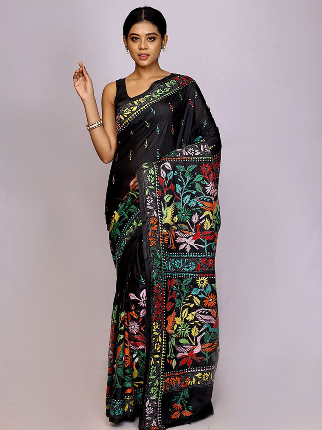 

AllSilks Floral Embroidered Pure Silk Saree, Black