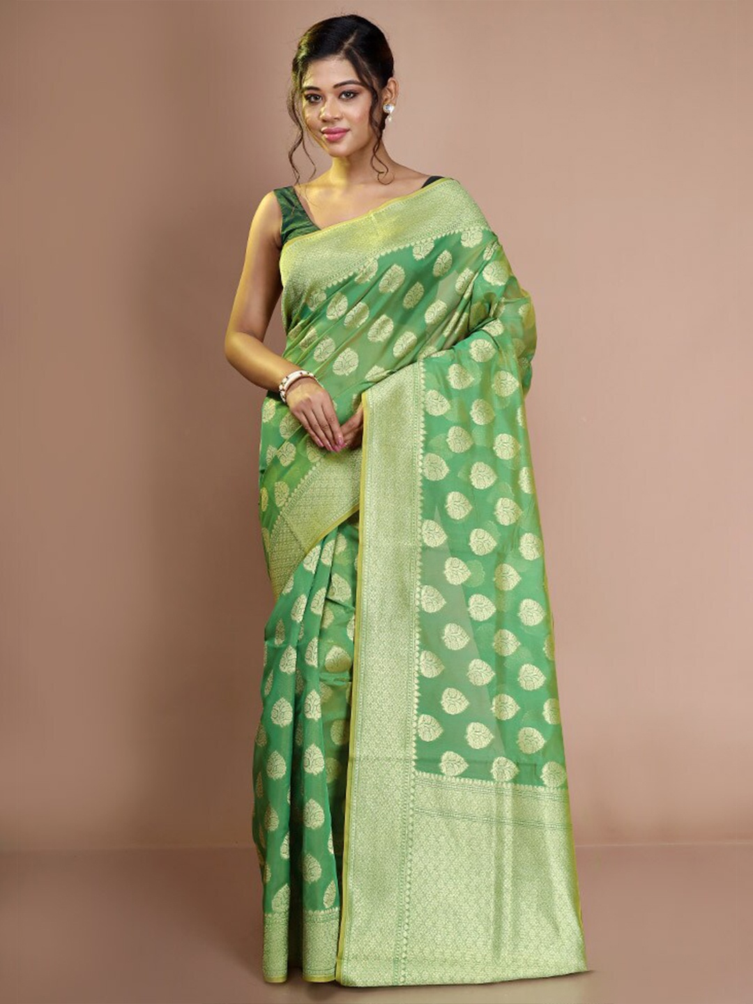 

AllSilks Ethnic Motifs Woven Design Zari Saree, Green