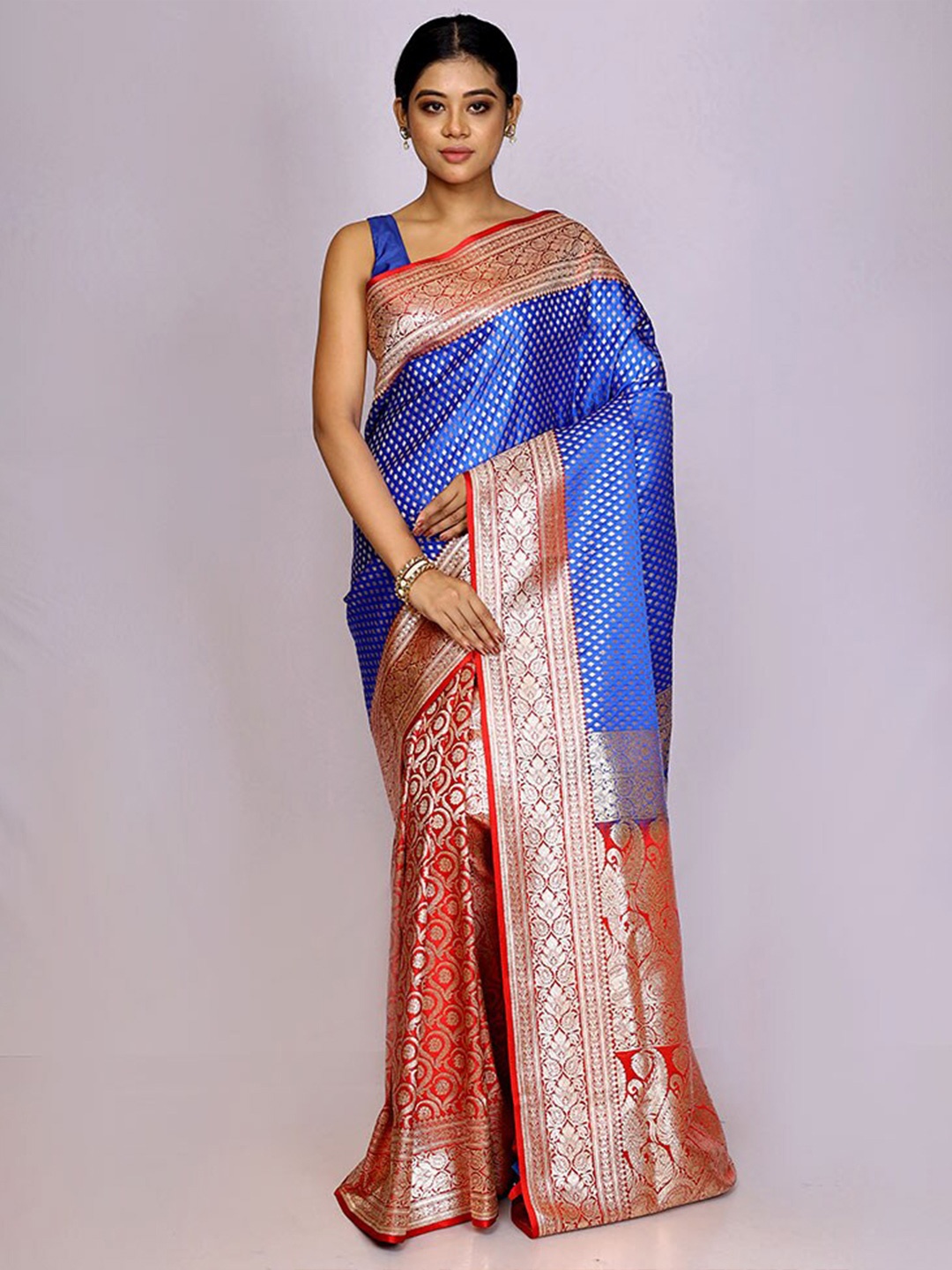 

AllSilks Woven Design Zari Silk Blend Banarasi Saree, Blue