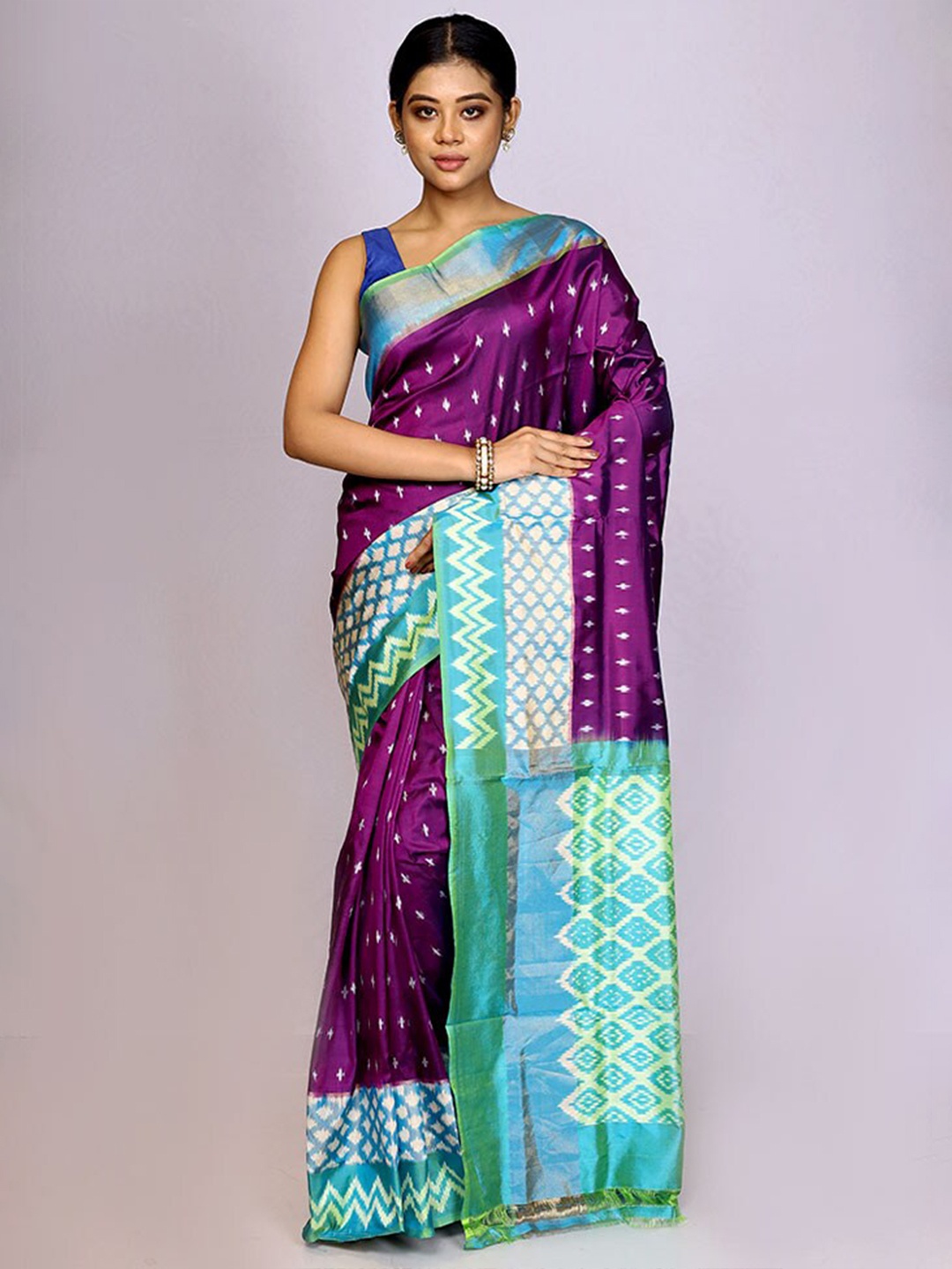 

AllSilks Ethnic Motifs Woven Design Zari Pure Silk Pochampally Saree, Purple