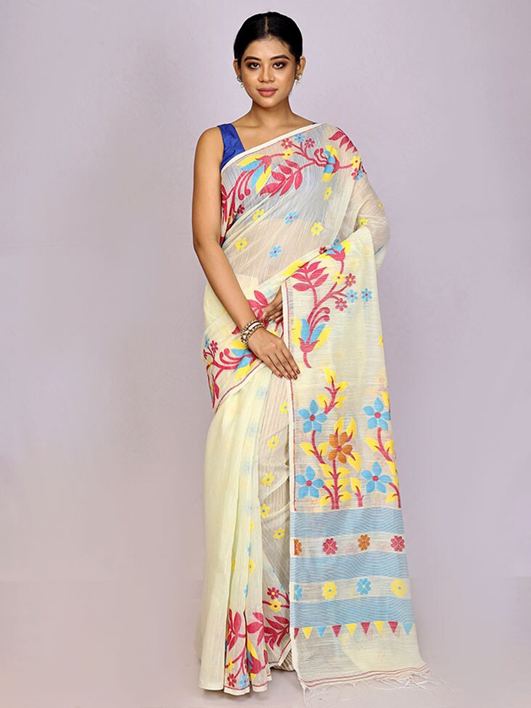 

AllSilks Floral Printed Silk Blend Saree, Yellow