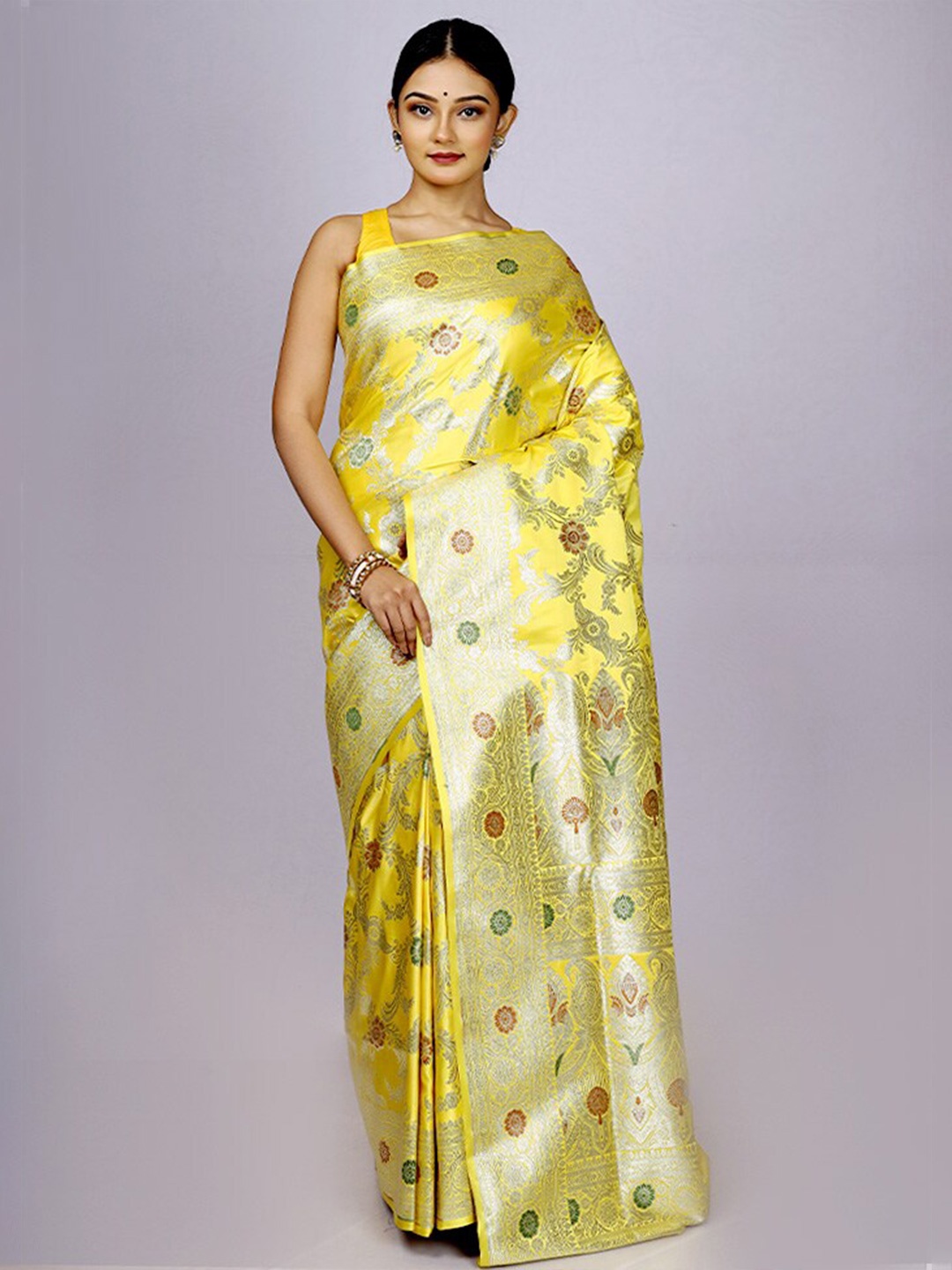 

AllSilks Woven Design Zari Silk Blend Banarasi Saree, Yellow