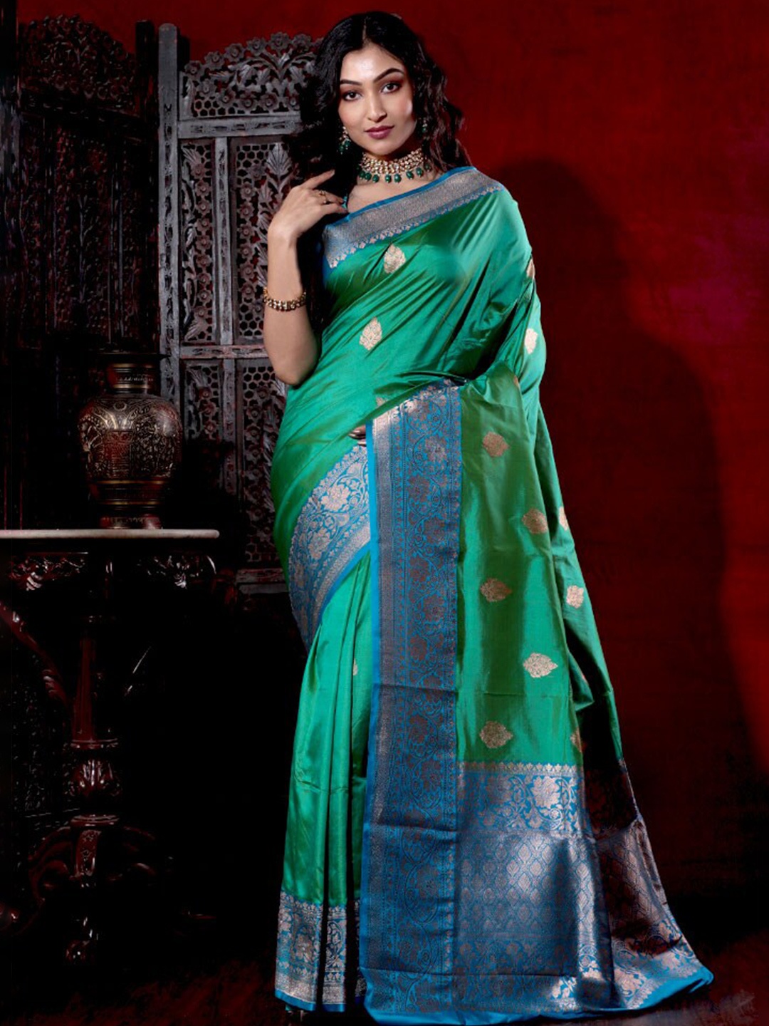 

AllSilks Ethnic Motif Woven Design Zari Pure Silk Saree, Green