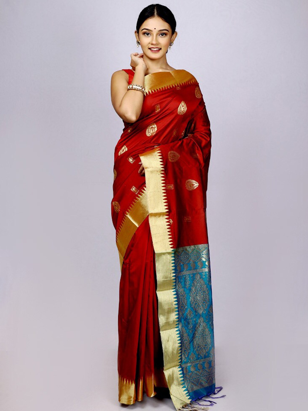 

AllSilks Ethnic Motifs Woven Design Zari Silk Blend Kanjeevaram Saree, Maroon