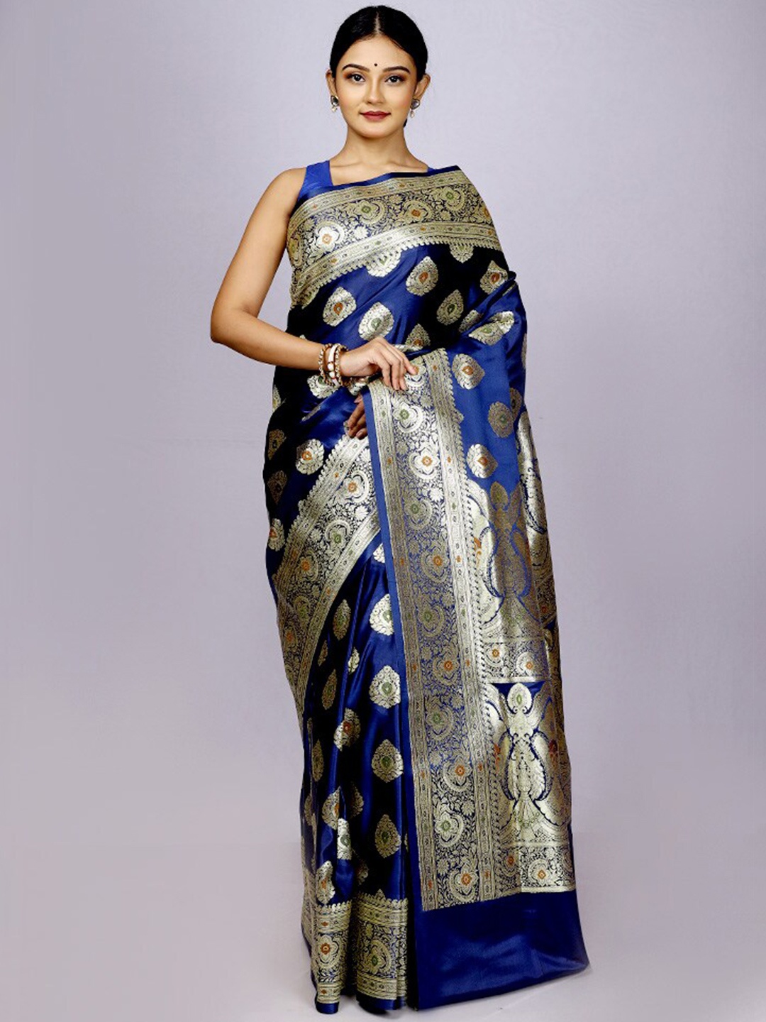 

AllSilks Woven Design Zari Silk Blend Banarasi Saree, Blue