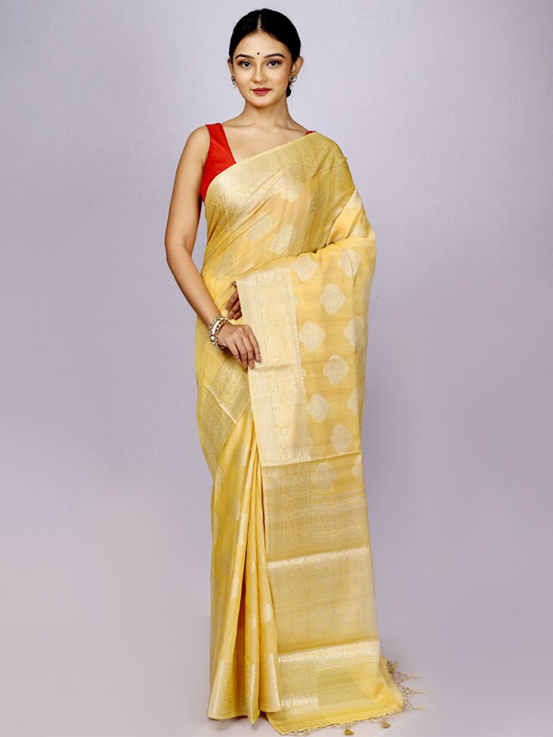 

AllSilks Ethnic Motif Woven Design Zari Silk Cotton Saree, Yellow