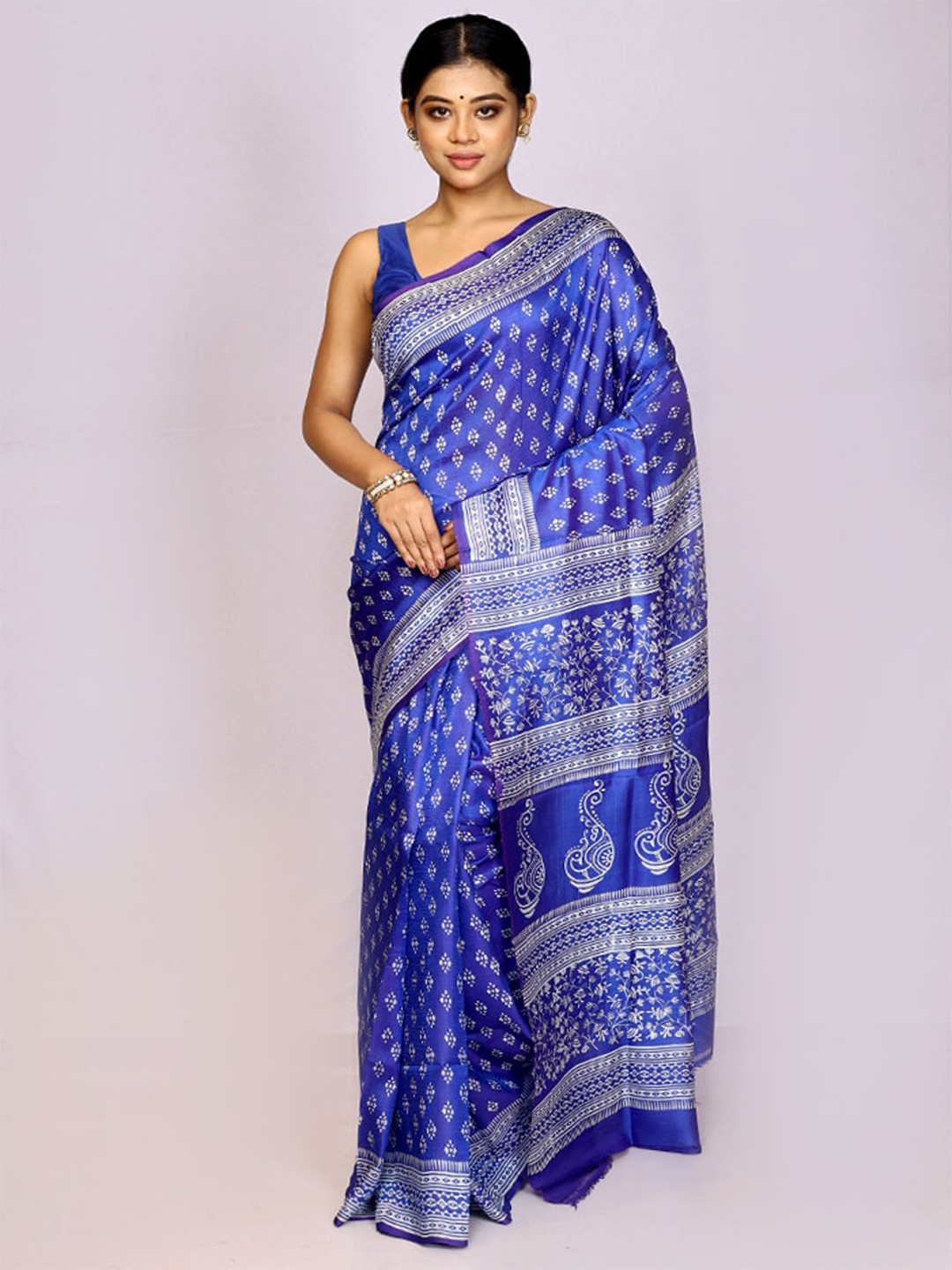 

AllSilks Ethnic Motifs Block Printed Pure Silk Saree, Blue