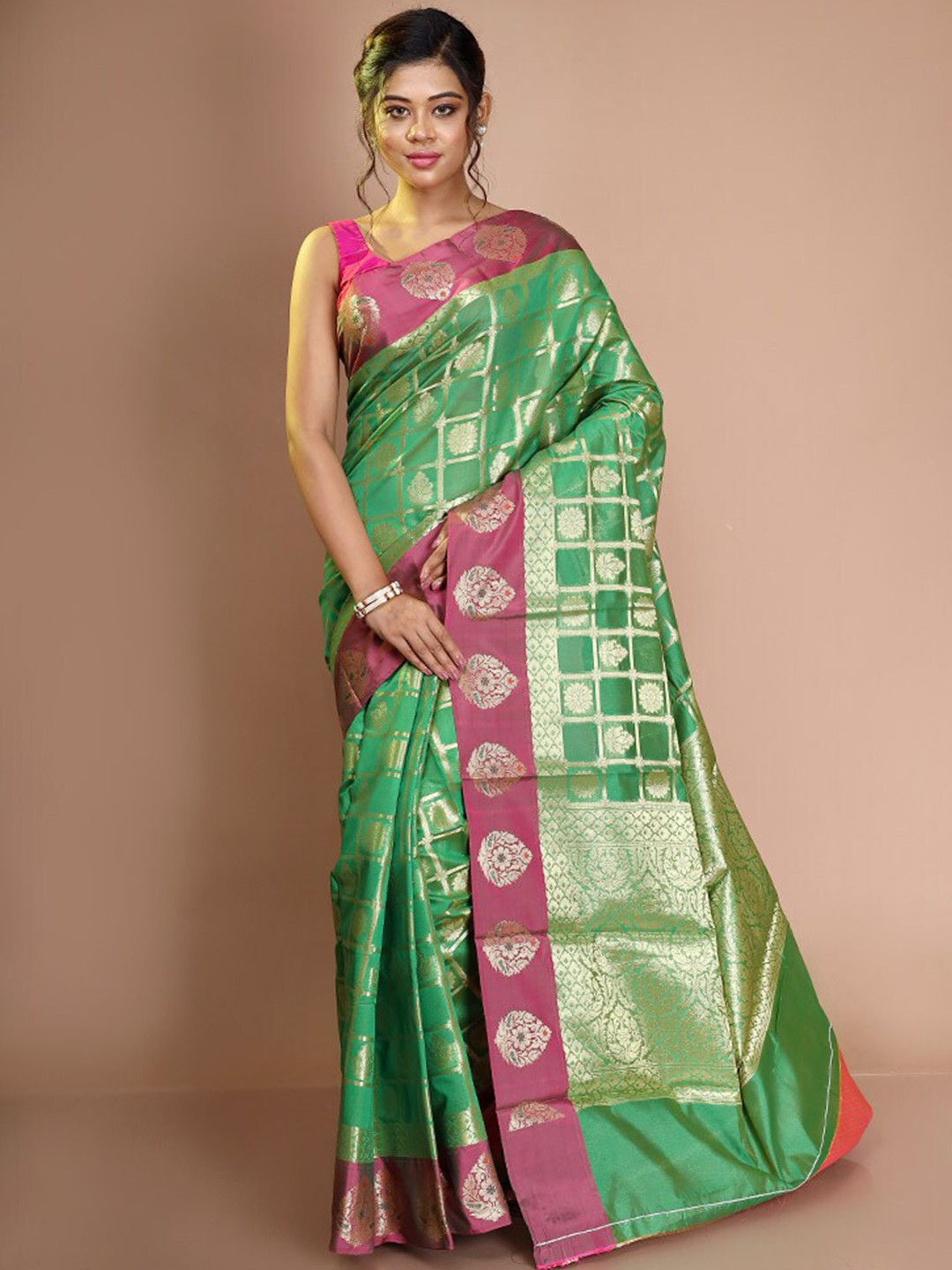 

AllSilks Woven Design Zari Silk Cotton Saree, Green