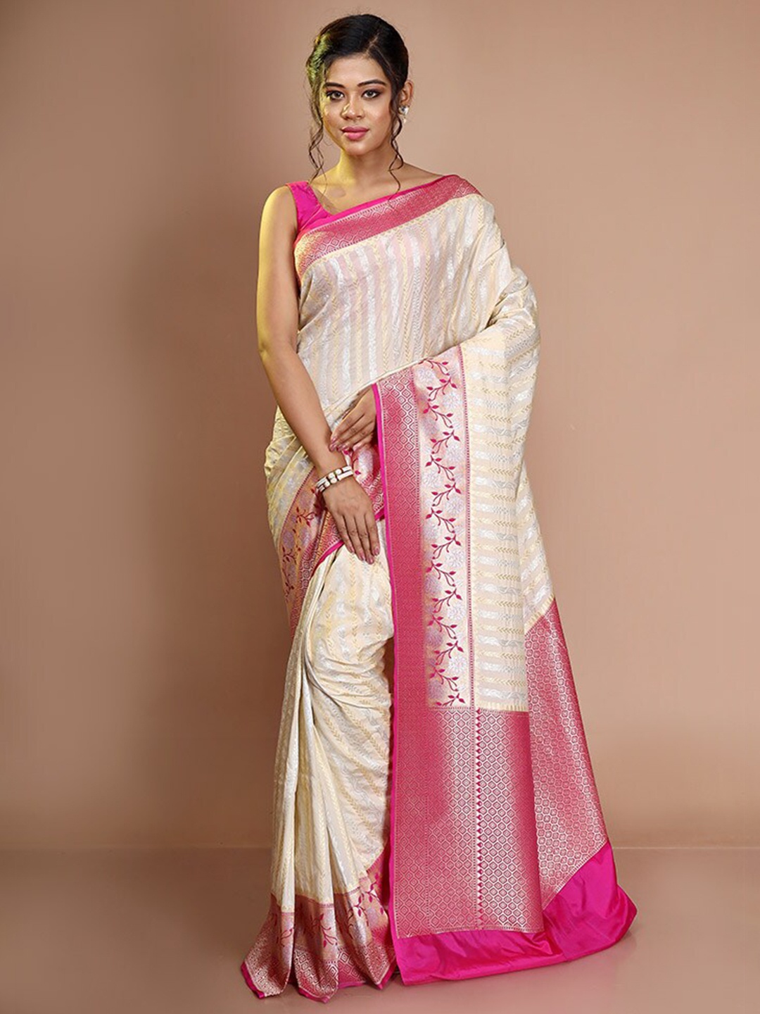 

AllSilks Ethnic Motif Woven Design Zari Saree, Cream