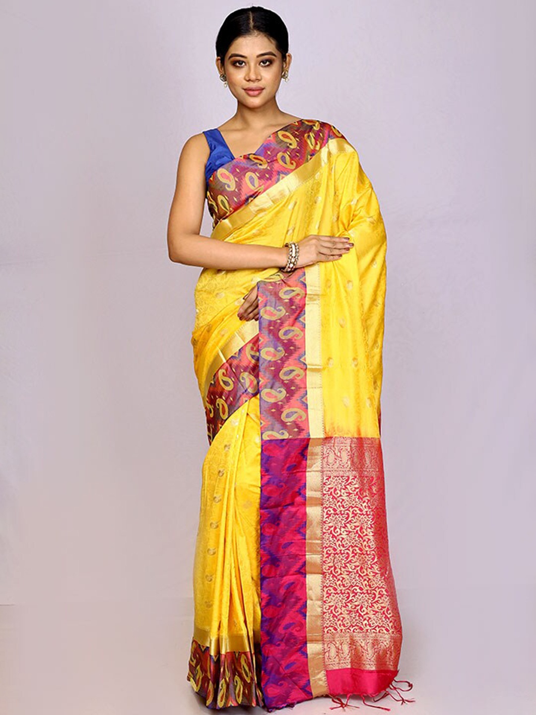 

AllSilks Paisley Woven Design Zari Silk Blend Kanjeevaram Saree, Yellow