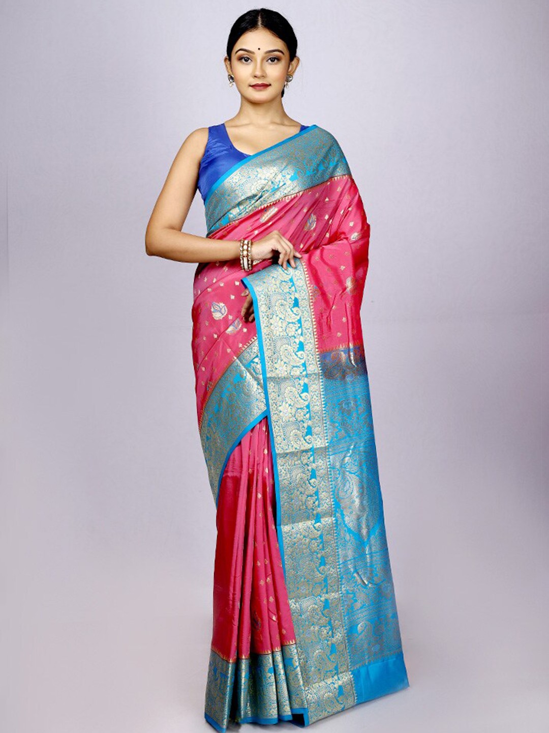 

AllSilks Ethnic Motifs Woven Design Zari Silk Blend Kanjeevaram Saree, Pink