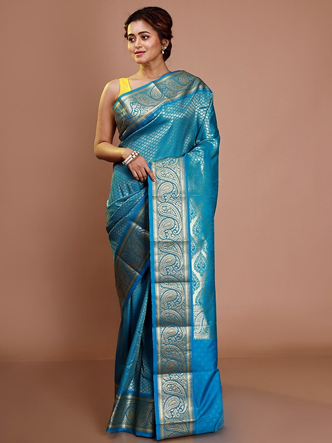 

AllSilks Paisley Woven Design Zari Silk Blend Kanjeevaram Saree, Blue