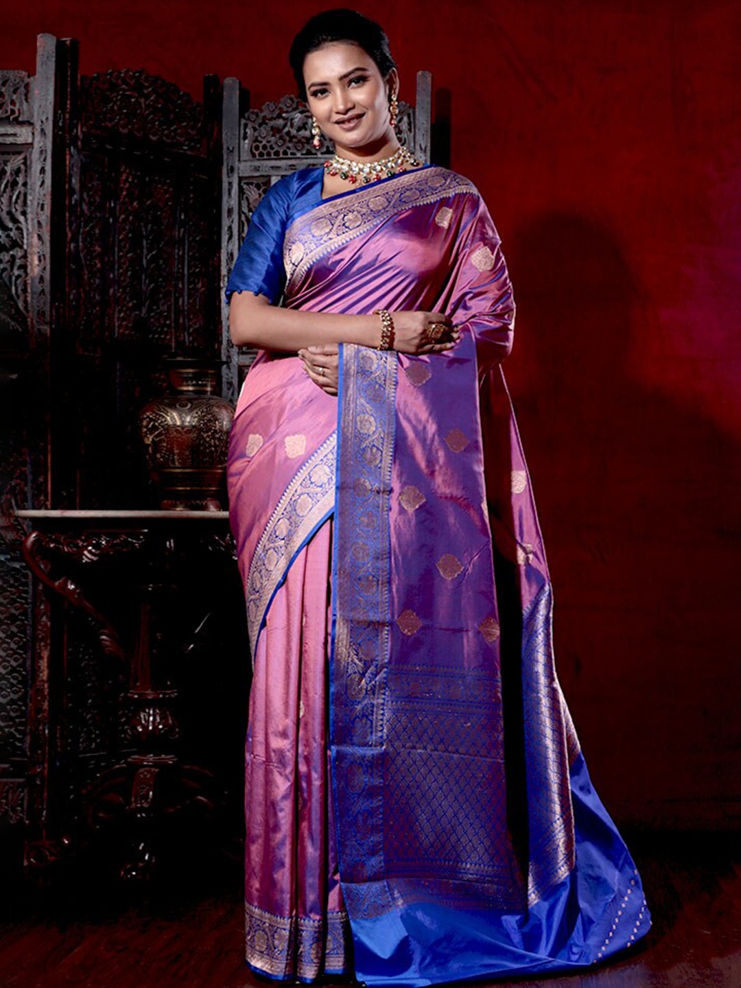 

AllSilks Ethnic Motifs Woven Design Zari Pure Silk Saree, Pink