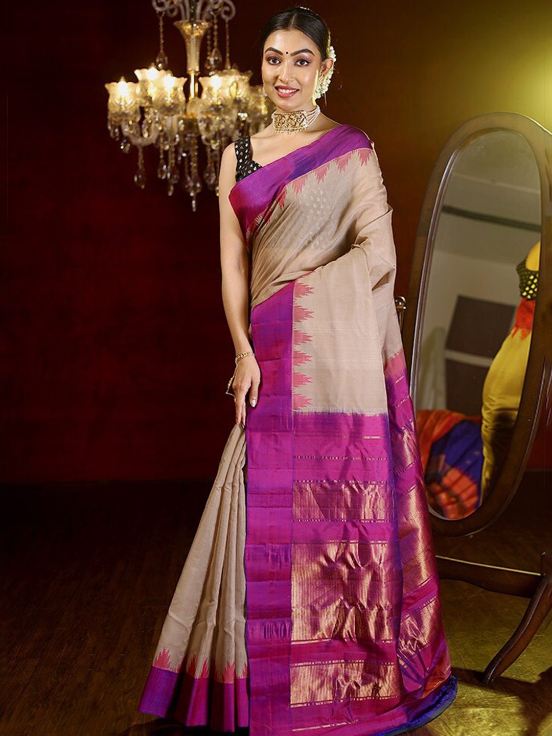 

AllSilks Ethnic Motifs Woven Design Zari Pure Silk Gadwal Saree, Cream