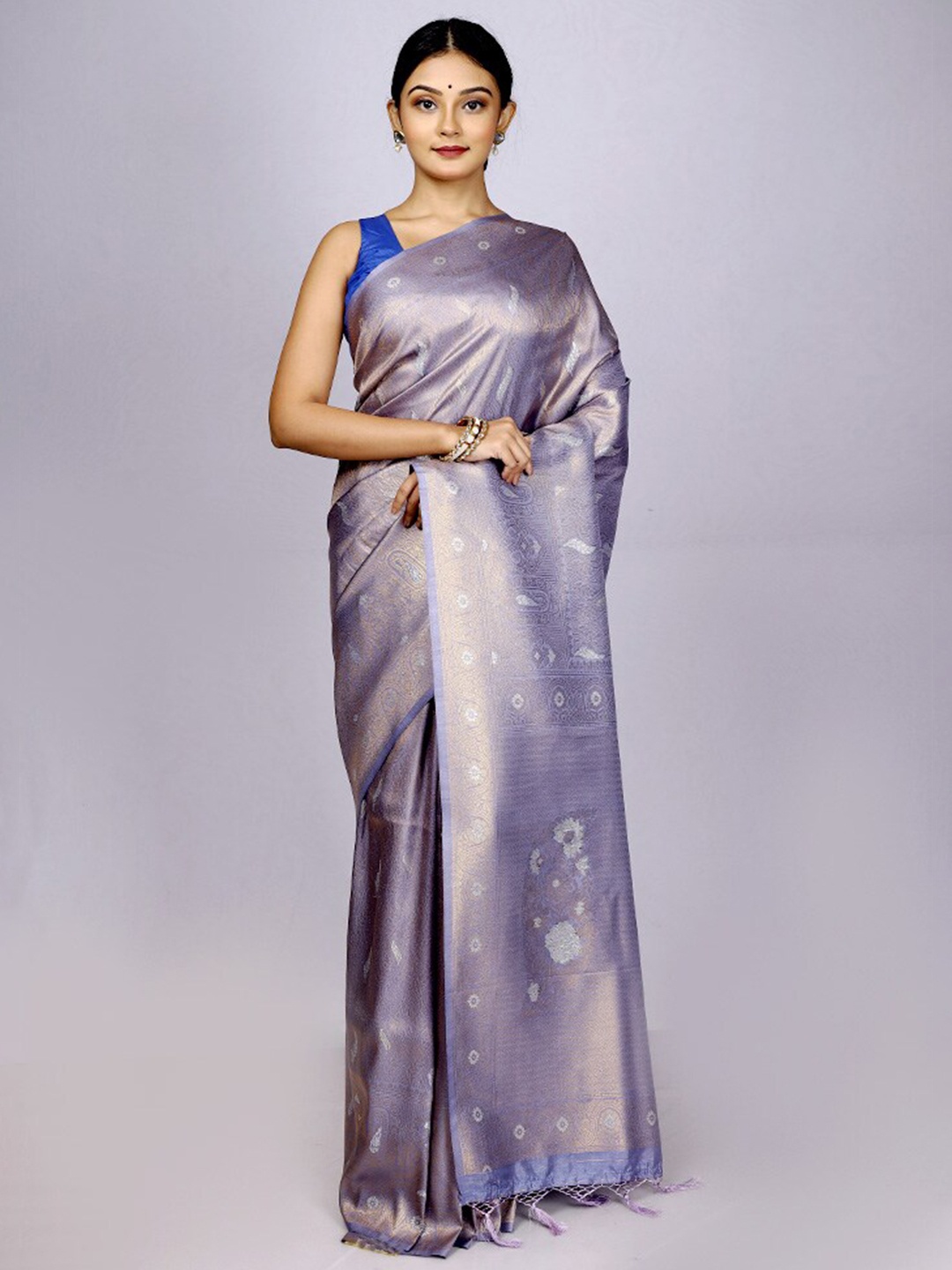 

AllSilks Woven Design Zari Silk Blend Saree, Grey