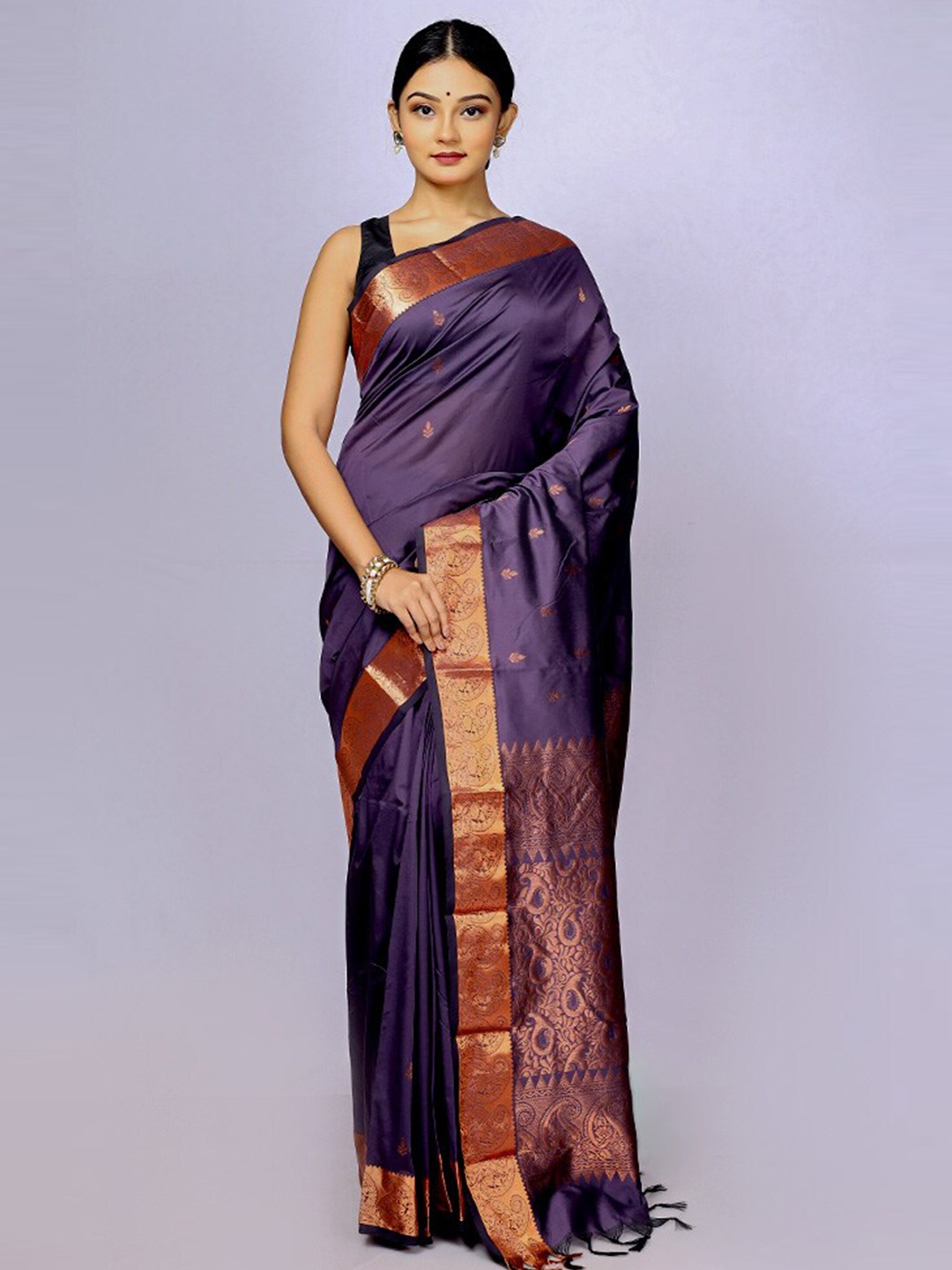 

AllSilks Ethnic Motifs Woven Design Zari Silk Blend Kanjeevaram Saree, Blue