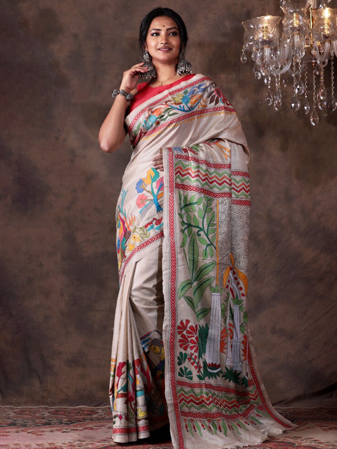 

AllSilks Ethnic Motifs Kantha Work Pure Silk Saree, Cream