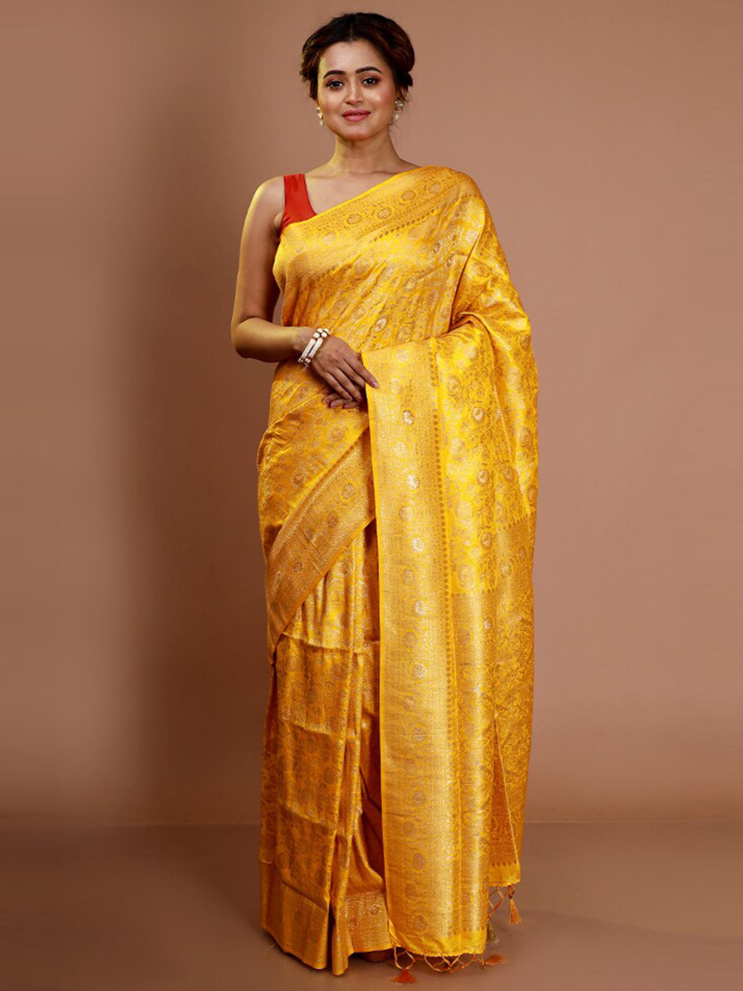 

AllSilks Ethnic Motifs Woven Design Zari Silk Blend Saree, Yellow