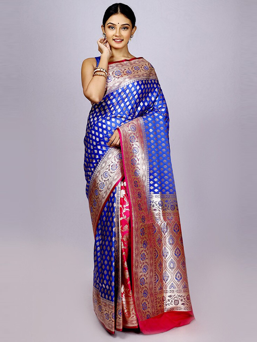 

AllSilks Woven Design Zari Silk Blend Banarasi Saree, Blue