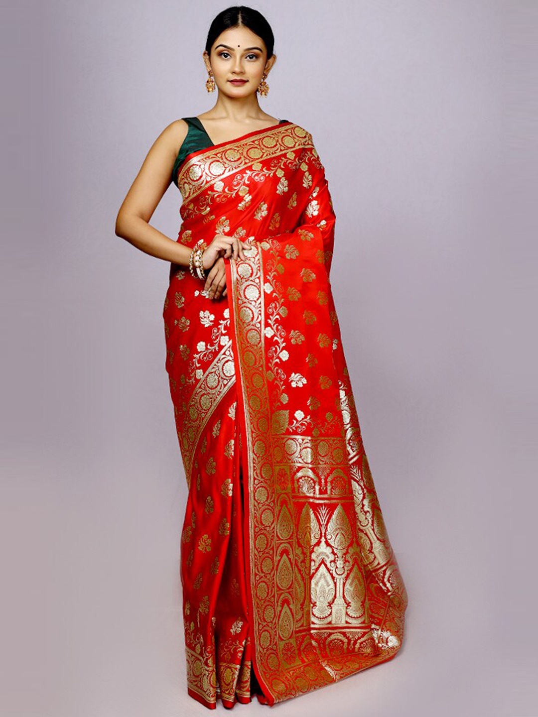 

AllSilks Floral Woven Design Zari Banarasi Saree, Red