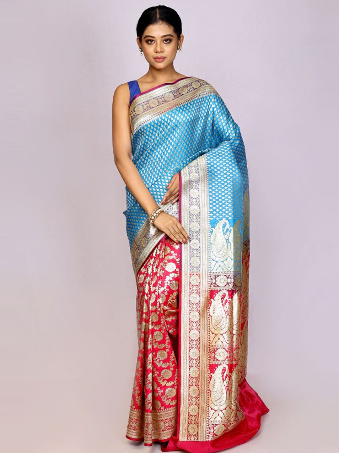 

AllSilks Ethnic Woven Design Zari Half and Half Banarasi Saree, Blue